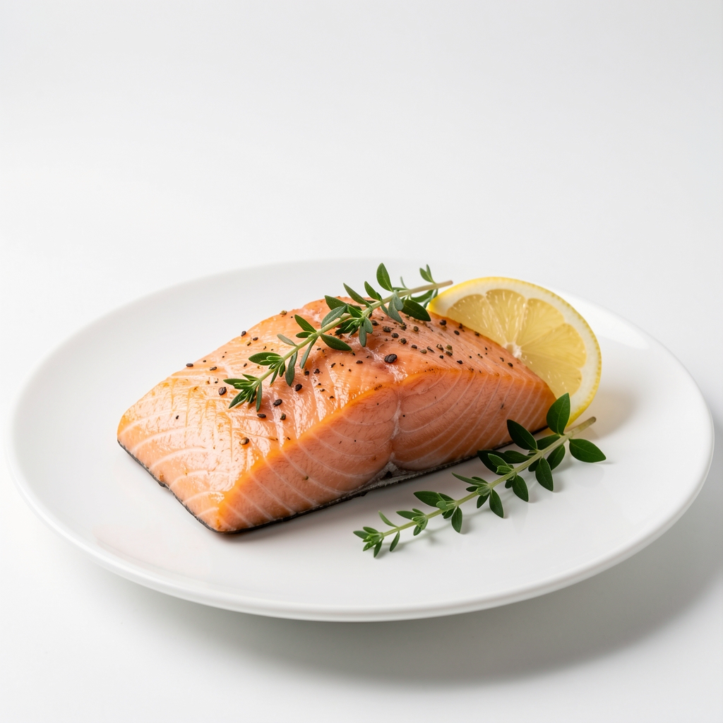 Gedünstetes Lachsfilet auf weißem Teller mit Zitronenscheibe und frischen Kräutern, heller Hintergrund — einfaches Alltagsrezept mit Omega-3-reichen Zutaten