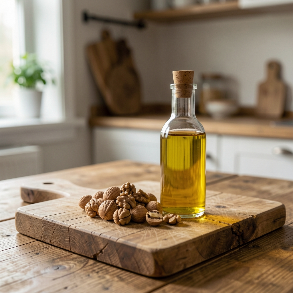 Frischer Lachs, Walnüsse und Leinölflasche auf rustikalem Holzschneidebrett, natürliches Seitenlicht, reduzierte Komposition — Omega-3-Quellen in der Alltagsküche