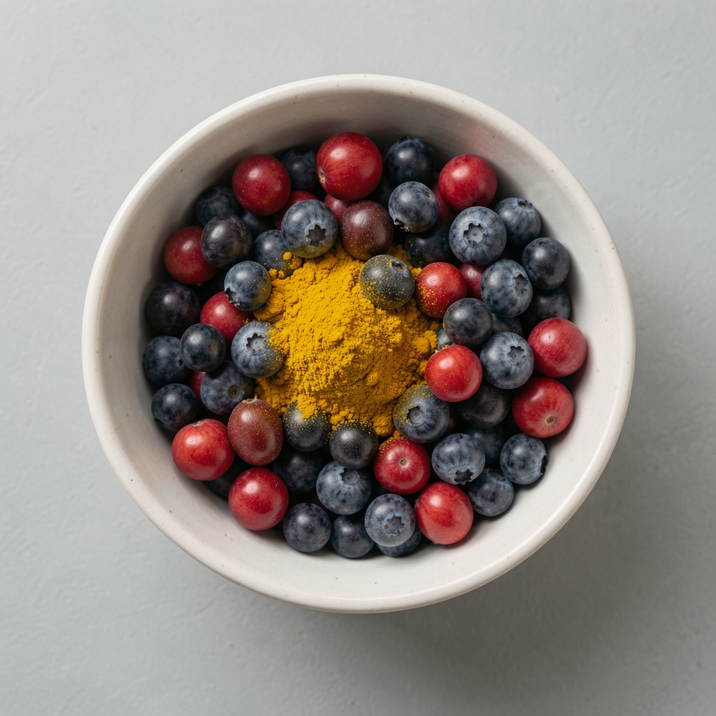Schüssel mit frischen Beeren und Kurkuma-Gewürz auf hellgrauem Untergrund, Draufsicht