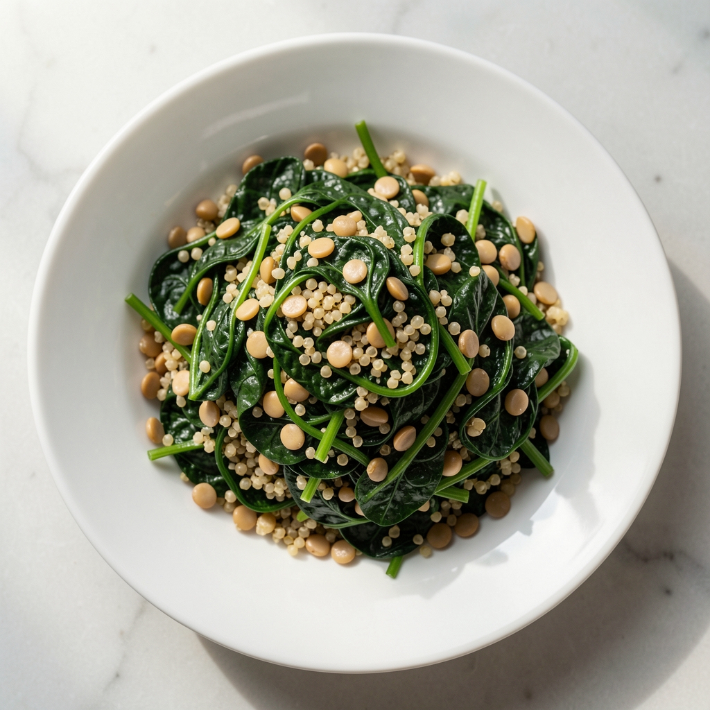Schüssel mit gedünstetem Spinat, Linsen und Quinoa auf weißem Teller, Tageslicht von oben — magnesiumreiche Vollkornmahlzeit, editoriale Küchenaufnahme