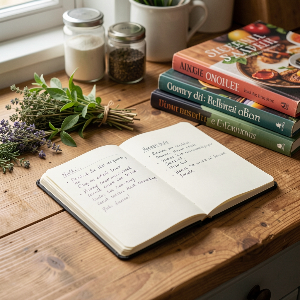 Notizbuch mit handschriftlichen Rezeptnotizen auf Holzarbeitsfläche neben Kräutern und Kochbüchern — redaktionelle Dokumentation in der Alltagsküche